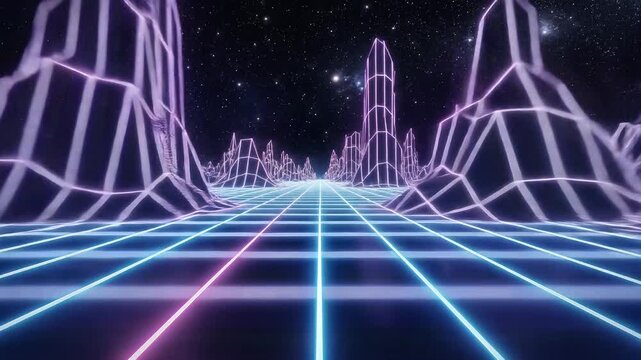 Neon wireframe mountains landscape with retro synthwave digital grid perspective