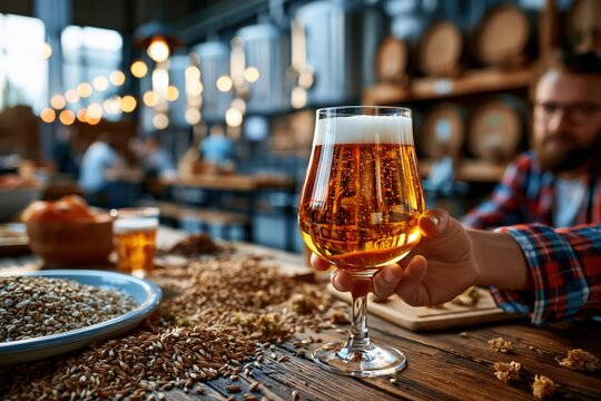 person holds glass of craft beer in crowded brewery. table has grains scattered, and people enjoy drinks and food in background. It is daytime