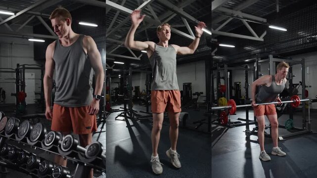 Multiscreen of young man performing various exercises including dumbbell curls, jumping jacks, and barbell rows in gym. Clip for fitness apps and gym promotional campaigns