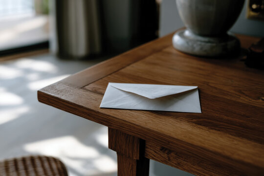 An elegant letter rests on a polished wooden table, symbolizing love letters, invitations, or heartfelt notes representing connection, anticipation, and emotion.