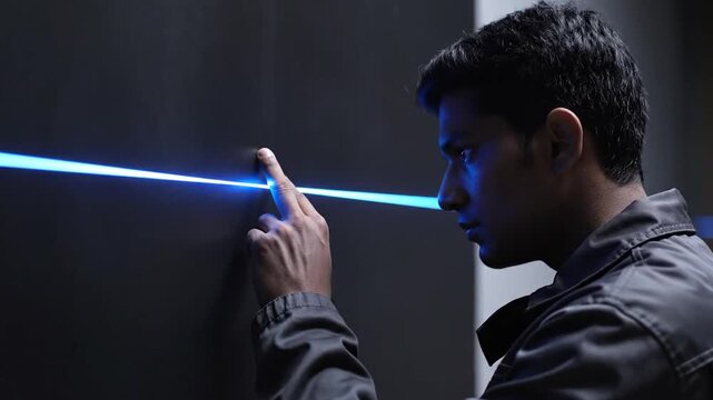 A man in a dark jacket contemplatively interacts with a thin blue laser light against a dark wall, eventually touching the beam with his finger in a focused, futuristic setting.