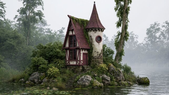 small house with a pointed roof stands on an island in a lake. house shows signs of nature taking over with moss on roof and plants around it. Mist hangs over water