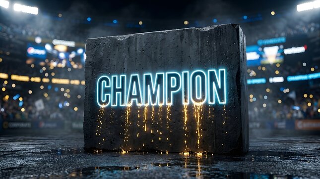 Large stone block featuring glowing neon blue champion text sign in crowded sports arena.