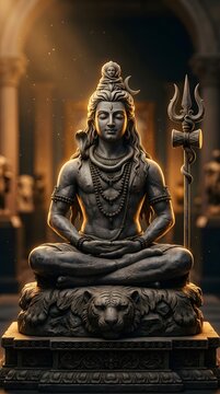 Majestic museum quality artwork featuring a hyper realistic stone statue of Lord Shiva seated in deep meditation with the sacred Trishula positioned gracefully beside him authentic weathered stone tex