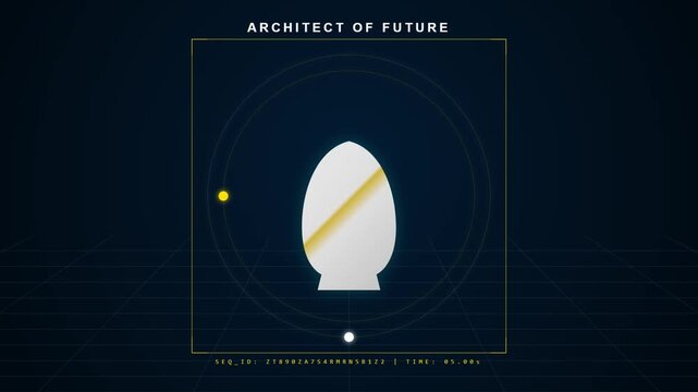 Abstract digital animation of an egg shape orbited by glowing spheres