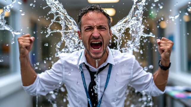A man stands in a corridor with water splashing around him. He is shouting and appears to express strong feelings. The scene suggests an intense moment in a busy location