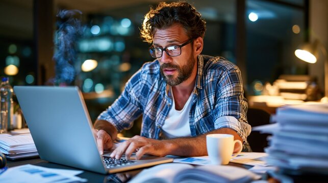 A man types on a laptop at night. He has papers spread around him. A coffee cup sits nearby. The lights from the city shine through the window. It is late and quiet