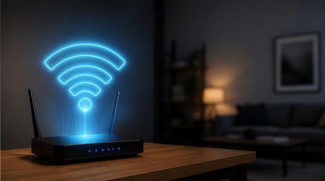 A wireless internet router sits on wooden table in living room