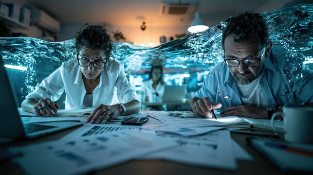 Two workers concentrate at their desks while water surrounds them. They write notes and review papers in an unusual office setting that combines normality with chaos