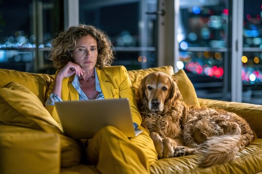 woman sits on a yellow couch using a laptop while a golden retriever rests next to her. They are in a modern apartment with city lights visible through the windows