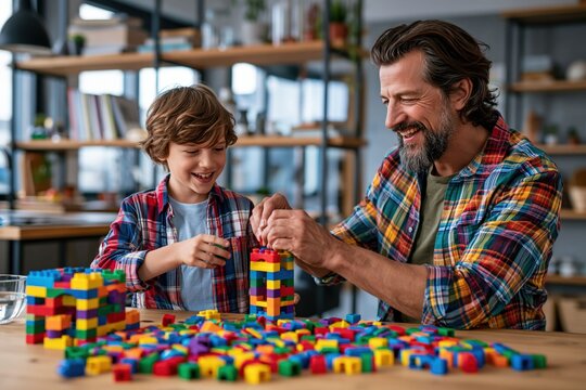 man and a boy are at a table assembling structures using colorful building blocks. They smile and interact in a bright room filled with shelves and natural light