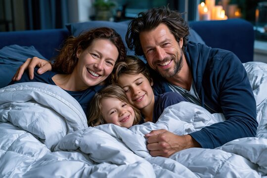 family of four sits together on a couch covered with blankets in their living room. Soft light from candles adds warmth to the scene as they smile and embrace each other