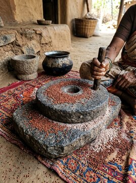 Woman grinding grains with traditional stone mill