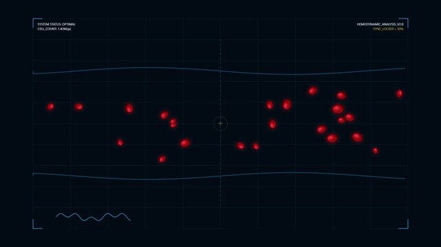 Digital interface displaying blood cell flow and hemodynamic analysis