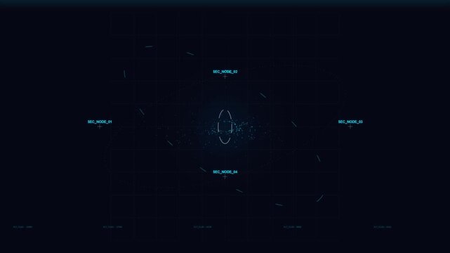 Digital interface HUD showing a rotating futuristic data node network