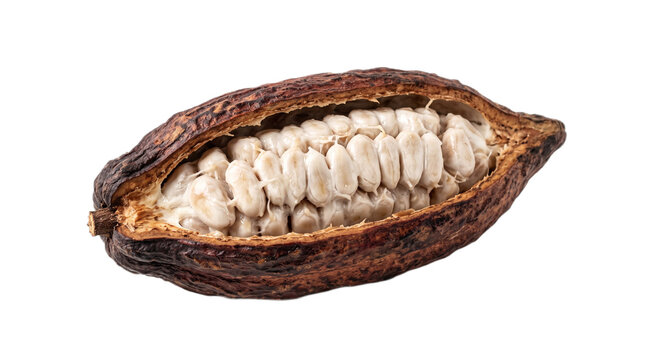 A cacao pod cut open to reveal its white seeds on transparent background Typical brazilian food,