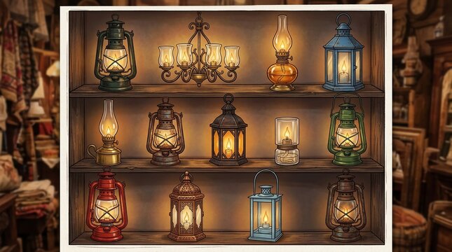 Collection of vintage lanterns and lamps on wooden shelves