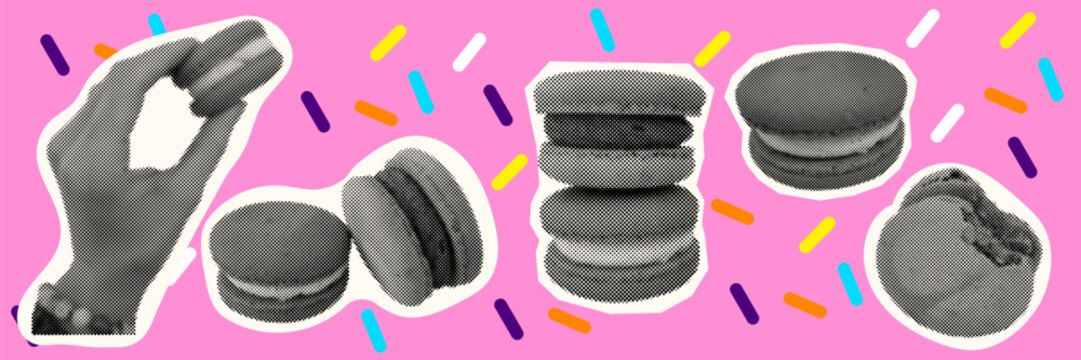 Background collage macaroon halftone cooking line drawing hand food coffee layout with modern bakery dessert stickers and playful retro inspired cafe graphics
