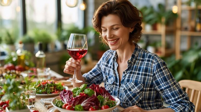 woman smiles while holding a glass of red wine at a table filled with various fresh salads. setting is bright and lively with plants and wooden decor