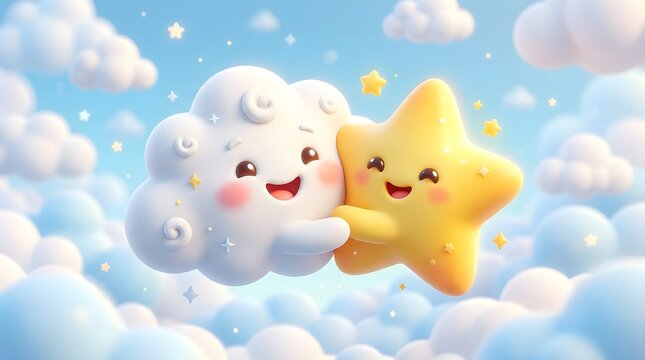Cute 3D character illustration of a happy cloud hugging a star