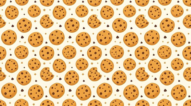 Seamless pattern of cute cartoon chocolate chip cookies on cream background