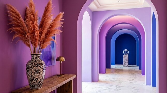 Modern purple hallway interior with colorful arches and pampas grass