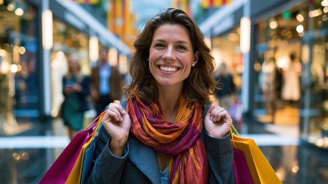 woman stands in a shopping center with colorful bags in her hands. She smiles widely and enjoys shopping experience surrounded by other shoppers