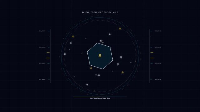 Futuristic digital interface HUD displaying alien language data decoding