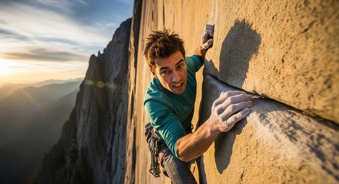 Intense Rock Climber Scaling a Steep Cliff Face at Sunset