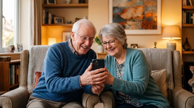 &Auml;lteres Paar sitzt l&auml;chelnd im Wohnzimmer und schaut gemeinsam auf ein Smartphone