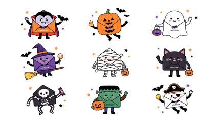 Fototapeta premium Cute Halloween Envelopes Set: A collection of adorable Halloween-themed envelopes dressed as classic monsters and characters, including a vampire, pumpkin, ghost, witch, mummy, black cat, skeleton.