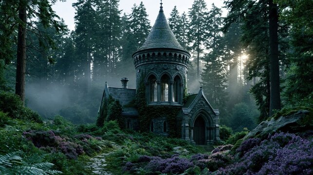 stone building stands among tall trees and colorful flowers in a dense forest. Mist covers ground as light breaks through trees in early morning