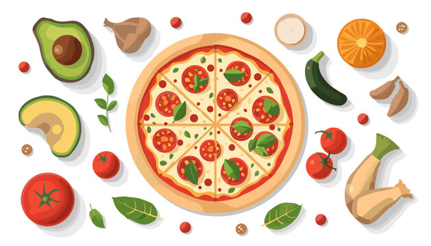 Top view of a delicious pizza surrounded by fresh vegetables and herbs on a white background.