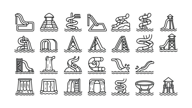 Black line icons of various water park slides and structures