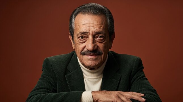 Mature Man in Business Suit Portrait Against Red Background