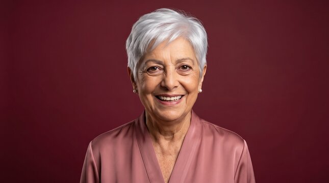 Mature Woman Smiling Portrait Against Burgundy Background