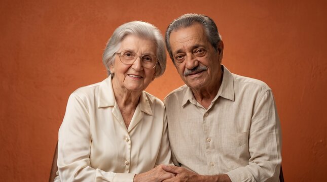 Senior Couple Smiling Together Against Orange Background
