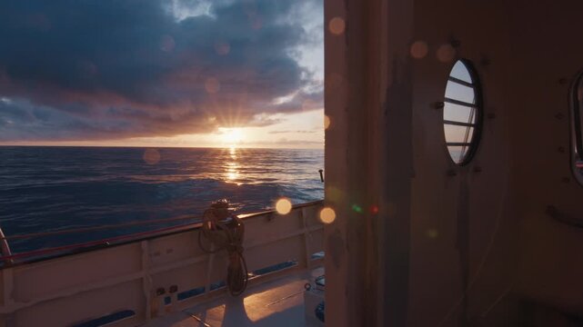 Sailing the Atlantic. Big sailing boat moves in the Atlantic Ocean under the sails during sunset. View from the deck