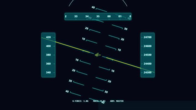 Futuristic Head Up Display interface showing flight navigation telemetry