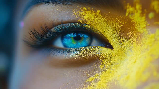 Vivid Blue Eye with Yellow Color Powder  Artistic Portrait with Closeup Beauty.