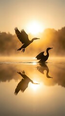 Obraz premium Silhouetted waterfowl taking flight and wading in misty lake at golden sunrise, with reflections on calm water surface. Perfect for nature, wildlife, and inspirational projects.