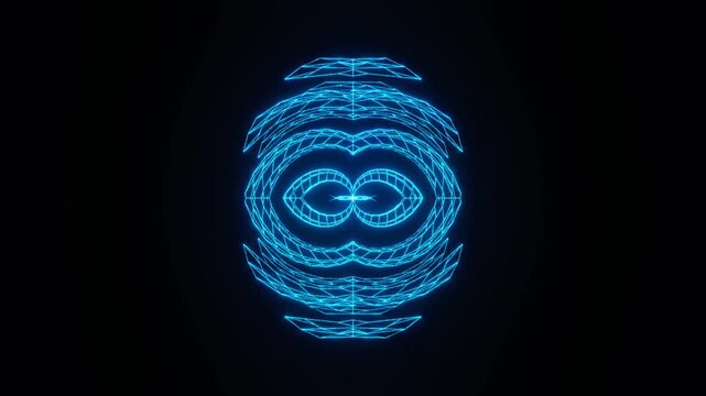 Abstract blue glowing wireframe geometric shape morphing on a black background. Futuristic digital HUD element, looping technology background, sci-fi vector lines design.