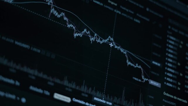 Financial stock market candlesticks chart analyzing trade data on a screen. Crypto trading platform graph with price movement, bearish investment index close up.