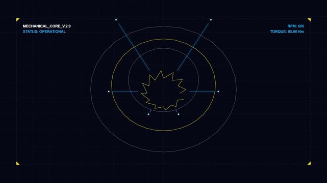 Futuristic mechanical engine core HUD interface with rotating data cycles