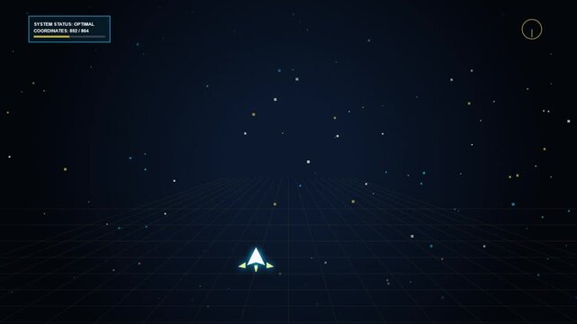 Futuristic spaceship flying through digital deep space grid navigation