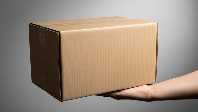Hand Holding Cardboard Box Against Gray Background
