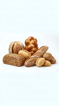 Assorted fresh baked breads and rolls isolated on white background, including whole grain loaves, braided bread, baguettes and round rolls for bakery, food and culinary use.