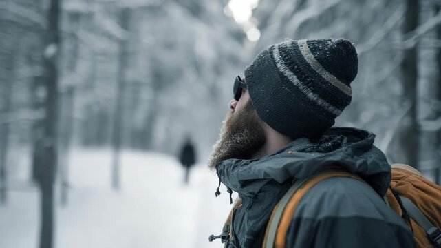 A man with a beard and sunglasses admires the snowy winter scenery during his hike. He is wearing a winter jacket and hat, and carries a backpack on his shoulders.