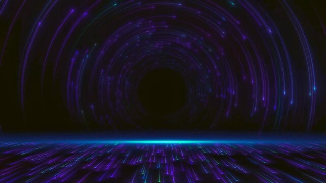 Hyper speed travel through a dark digital tunnel with glowing blue and purple particle lines. Futuristic high tech background, cyber space data transition loop.