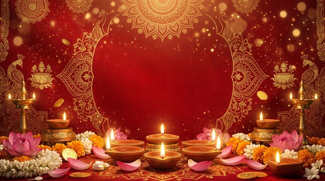 Kojagari Lakshmi Puja, premium red and gold background with intricate mandala patterns, glowing diyas, floating lotus petals, subtle gold coin accents and soft sparkling bokeh
